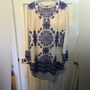 Blue and White Patterned knee length dress, long sleeve